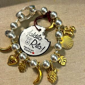 Maldita Rita Gold Charms 
w Silver tone beads 7” Bracelet NWT
